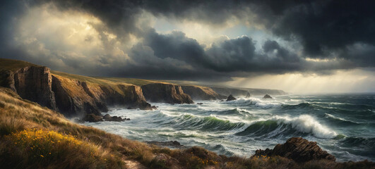 Obraz premium Coastal Cliffs with Stormy Skies and Powerful Ocean Waves