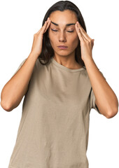 Fototapeta premium Hispanic young woman touching temples and having headache.