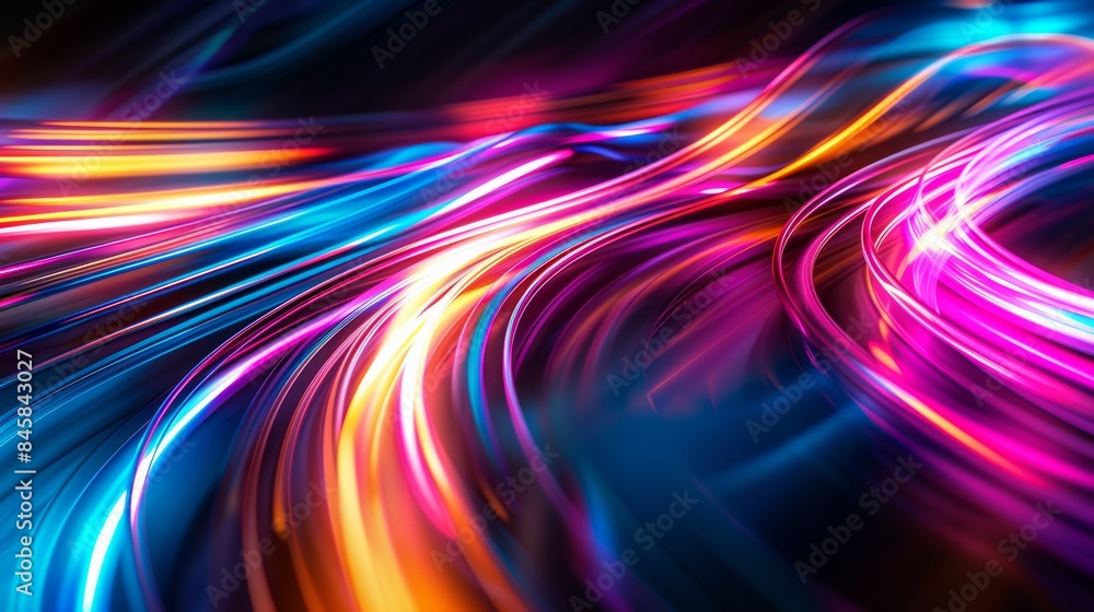 Poster digital art featuring dynamic, swirling light trails in a spectrum of colors against a dark backdrop