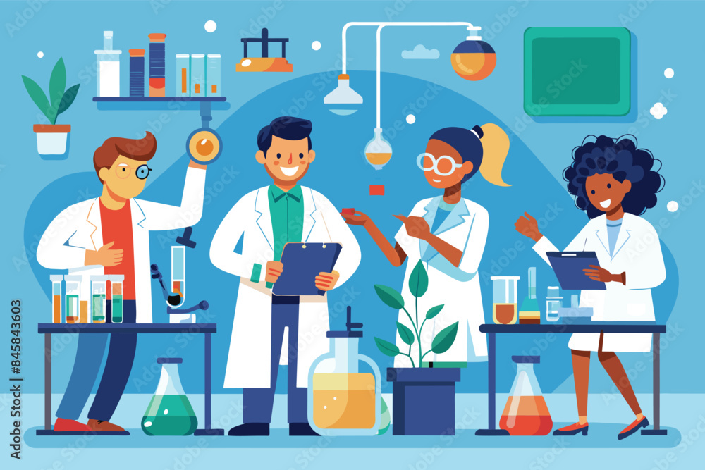 Poster a diverse team of scientists work together in a well-equipped laboratory, conducting experiments and