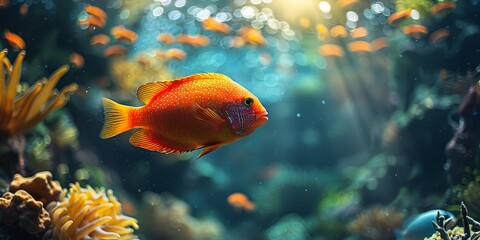 An Orange Fish Glides Through a Coral Reef, Creating a Peaceful Scene of Marine Life