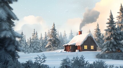 A cozy cabin nestled in a snowy forest. The perfect place to escape the hustle and bustle of everyday life. With its warm, inviting glow.