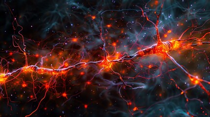 Artistic illustration of a neural network. The image is a glowing network of red and orange neurons and synapses on a dark blue background.