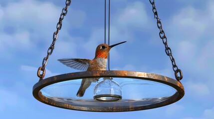 A hummingbird hovers in front of a glass bird feeder. The bird is hovering in mid-air with its long, thin beak is extended towards the feeder.