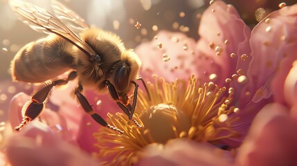 This image shows a bee pollinating a flower. The bee is covered in pollen and the flower is surrounded by pollen.