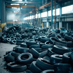 A pile of old tires in a warehouse. The tires are piled up in a large area, and the mood of the image is somewhat bleak and industrial