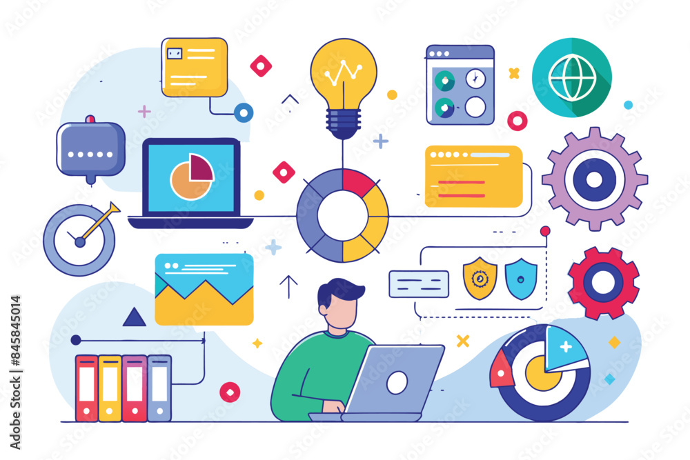 Aufkleber an illustration of a man working on a laptop, surrounded by colorful data visualizations, charts, an