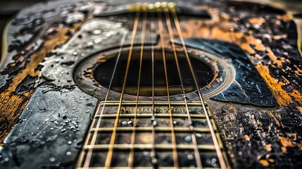 Close-up of the strings of an old acoustic guitar. The guitar is made of wood and has a beautiful natural finish.