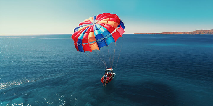 paragliding in the sea, Parasailing on Tropical Beach in summer, Arafed parasailer in the ocean with a parachute attached to his back generative ai

