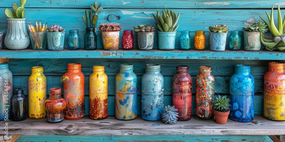 Wall mural a shelf adorned with an array of vibrant vases and potted plants