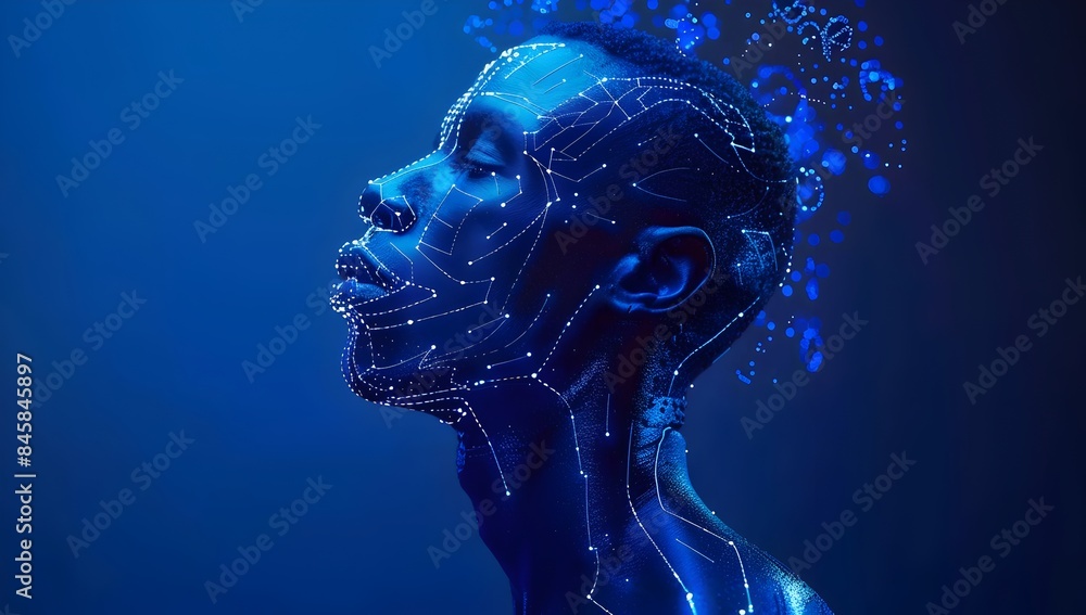 Poster a human figure with an artificial intelligence interface is depicted, composed of blue digital lines