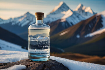Obraz premium Bottle of pouring crystal water against blurred nature snow mountain landscape background. Organic pure natural water. Healthy refreshing drink. Healthy water, no plastic, ecology, concept.