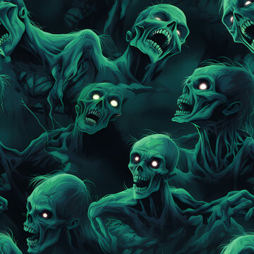 Spooky green zombie seamless pattern featuring glowing-eyed undead creatures