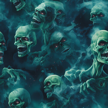 Horror zombie seamless pattern with terrifying green undead in misty background