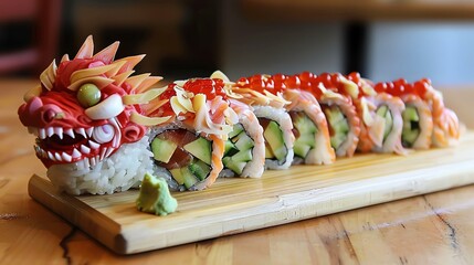 A delicious and creative sushi roll, made with fresh ingredients and presented in a unique way.