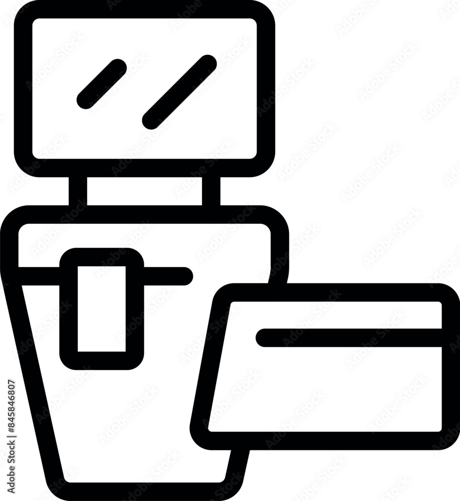 Poster self checkout machine accepting credit card payment with monitor showing two horizontal lines