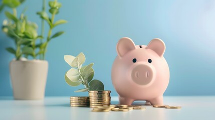 Pig piggy bank and seedlings grown with coin stack - investment ideas for growth