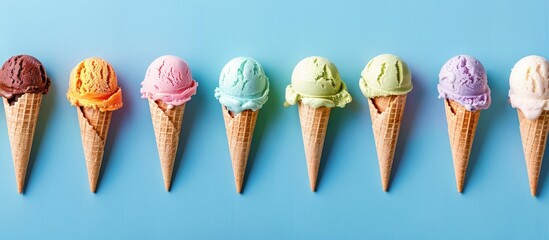 Assortment of Vibrant Ice Cream Flavors in Cones with a Sunny Blue Background
