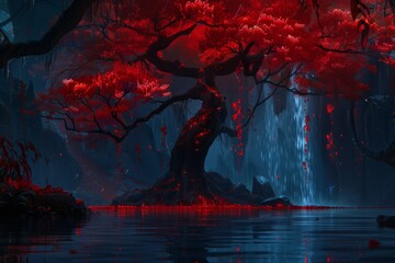 Fototapeta premium Enchanting red foliage in a mystical forest landscape