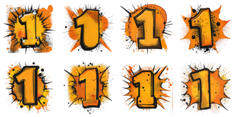 Set of Number 1 Comic Book Style Isolated on Transparent PNG Background. Generative ai
