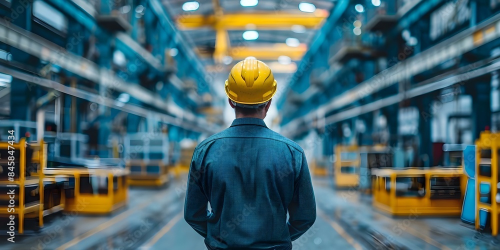 Poster supervising chief engineer leading project in modern factory to optimize production with professiona