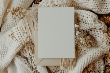 Blank invitation card with dried flowers and knitted fabric for a cozy feel. Ratio 5x7