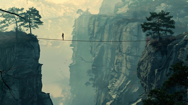 The concept of balance depicted by a tightrope walker gracefully navigating between two cliffs