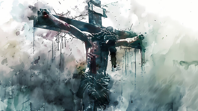 Powerful watercolor depiction of Jesus on cross during the crucifixion
