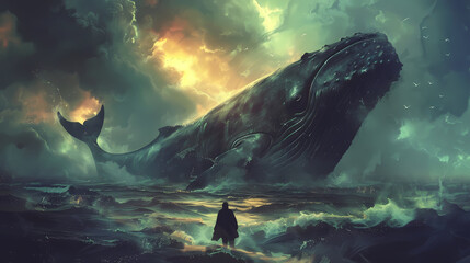 Dramatic illustration of Jonah confronting a giant whale in turbulent sea