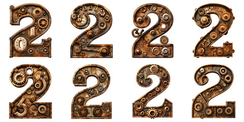 Set of Number 2 Steampunk Theme Isolated on Transparent PNG Background. Generative ai