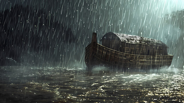 Portrait of Noah's Ark in the pouring rain during the biblical flood