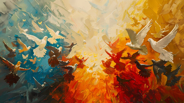 Abstract painting of doves flying in contrasting sky for Pentecost Sunday