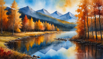 Fototapeta premium Watercolor painting of scenic autumn. Watercolor illustration design for autumn landscape background and wallpaper. Landscape painting with meandering river, reflection, autumn trees, mountains.