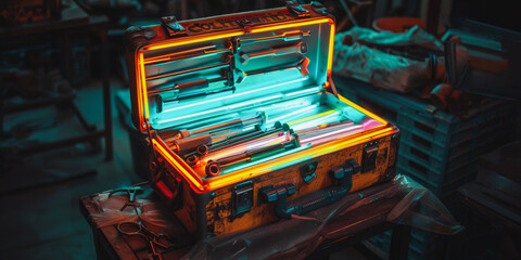Neon-lit toolbox with colorful tools