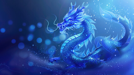 Happy New Year, Blue Dragon, Zodiac sign year of the Blue Dragon, Happy New Year Zodiac sign Dragon on Blue background papercut