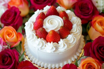 Delectable strawberry adorned cake surrounded by colorful roses