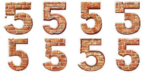 Naklejka premium Set of Number 5 Brick Wall Isolated on Transparent PNG Background. Generative ai