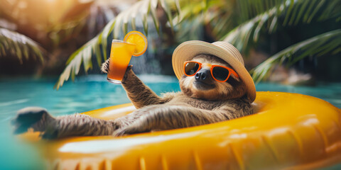 Relaxing sloth with cocktail in pool