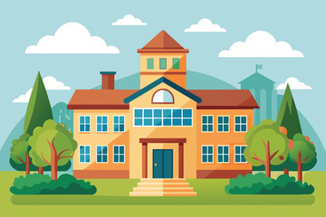 Naklejka premium A cartoon illustration of a school building with a green lawn, trees, and clouds in the blue sky.