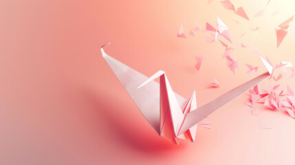 Origami bird with peach background. Origami is the Japanese art of paper folding.