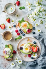 Fototapeta premium Avocado Toast Breakfast with Coffee on a background of fuzzy flowers.