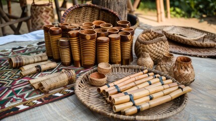 Fototapeta premium Diverse traditional bamboo and hornbill crafts at kisama heritage village festival in nagaland, india