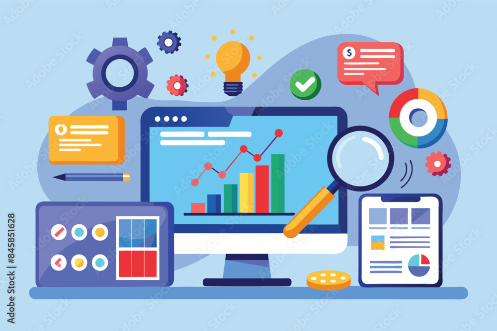 Poster a colorful illustration representing a digital marketing strategy and analysis. it features a comput