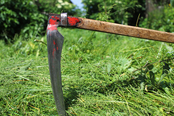 Hand scythe on the background of green grass. The tradition of mowing grass on a green meadow. Agricultural machinery. Preparation of fodder for livestock.