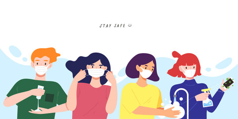 Fototapeta premium Group of people with COVID-19 prevention action. Hygiene campaign; using hand sanitizer, wearing mask, cleaning hands with soap, disinfect touched surfaces. Flat vector illustration for banner or sign