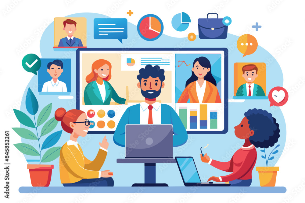 Poster an illustration of a diverse team of professionals participating in an online meeting. they are usin