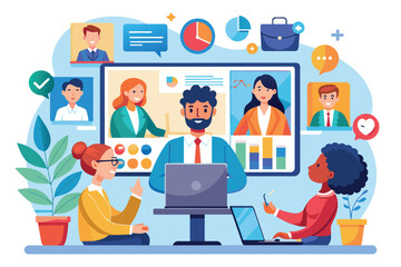 Fototapeta premium An illustration of a diverse team of professionals participating in an online meeting. They are using laptops, sharing data and charts, and collaborating on a project.