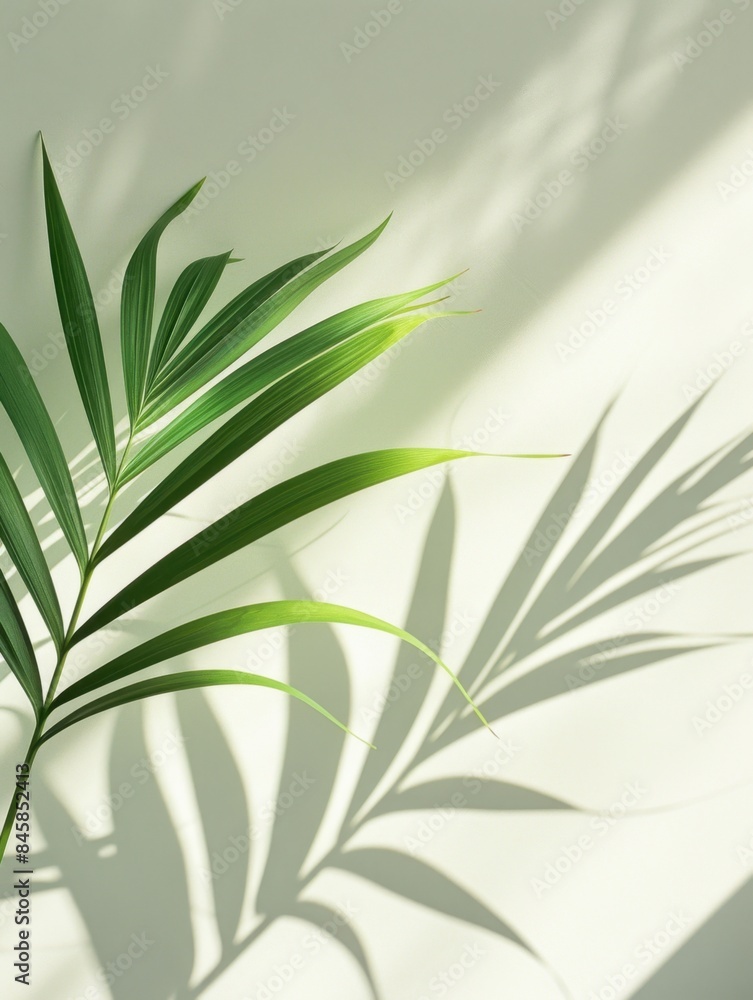 Poster minimalist green leaf shadow. a simple and elegant composition of a green leaf casting a shadow on a