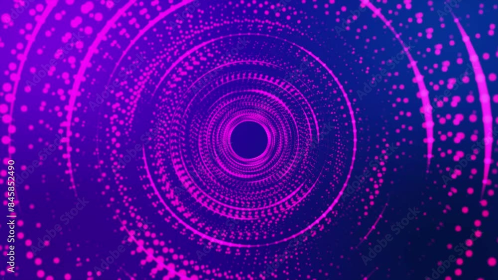 Poster digital light tunnel, abstract dynamic wireframe tunnel on purple background. futuristic 3d portal. 