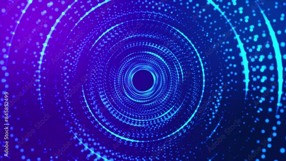 Poster digital light tunnel, abstract dynamic wireframe tunnel on purple background. futuristic 3d portal. 